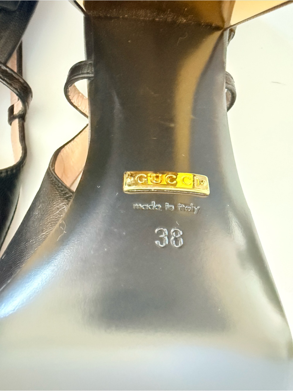 Gucci Malaga kid Horsebit 75mm Black Leather Slingback Pumps Gold Block Heel 38 - Picture 11 of 11
